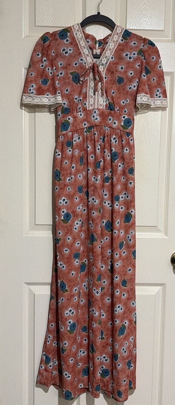 Dress Handmade In 1977 Summer Dress Floral Orange Blue 15” Waist.